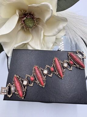 Vintage 50’s Selro Selina Baroque Bracelet with Red Cabochons and Faux Opals
